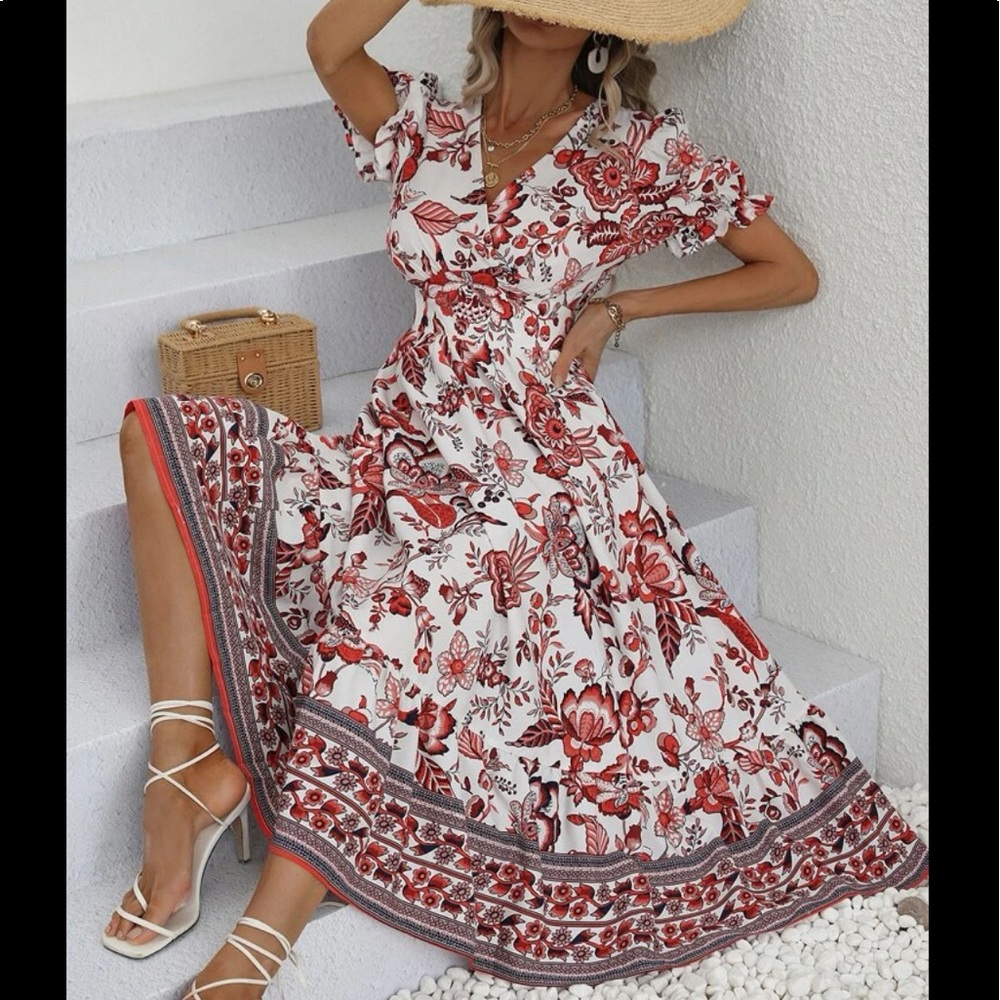 Boho Bohemian Gypsy Floral Print Puff Sleeve Surplice Neck Dress - Picture 1 of 7